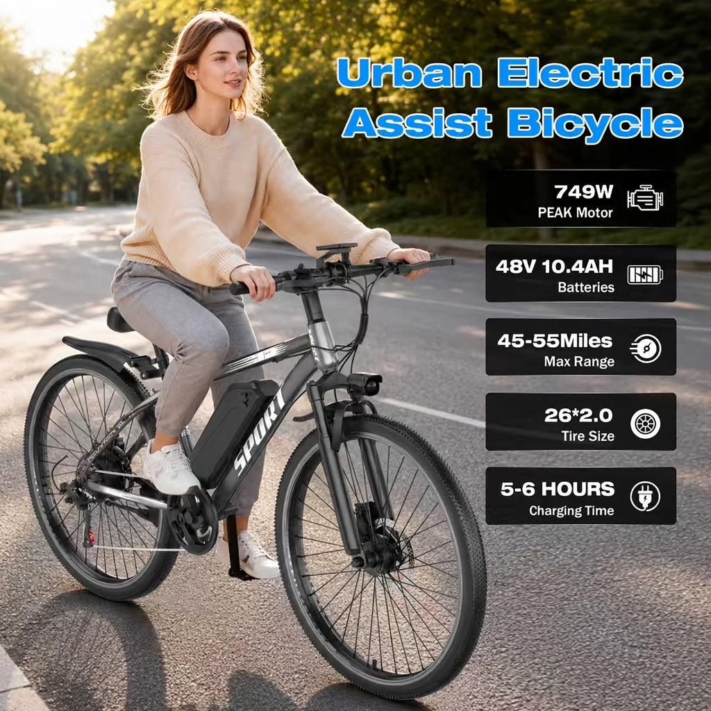 26-inch 749W Electric Mountain Bike for Adults, 48V 10.4AH Removable Battery with LCD Display, 27.9MPH, 300 Lbs Capacity - Ideal for Commuting & Off-Road Riding, Mountain Bike Gear, Adventure Cycling