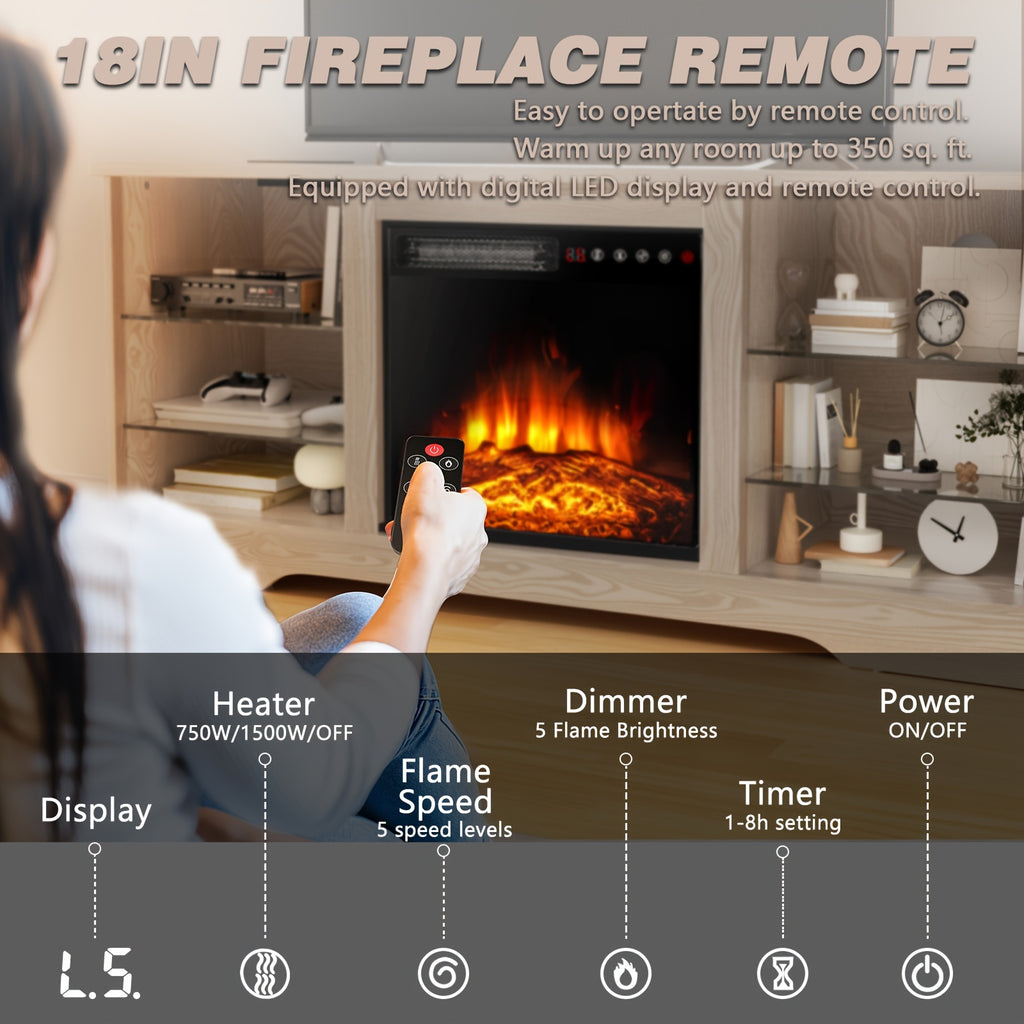 Fireplace TV Stand for TVs Up to 65 Inches Console with 18'' Electric Fireplace & Remote, Adjustable Glass Shelves & Storage Cabinets, Electric Fireplace with Heater, Hardwood/Engineered Wood Construction, Modern Entertainment Center for Living Room
