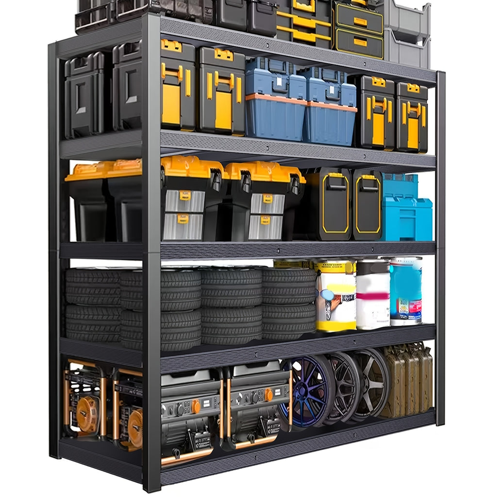Garage Shelving Heavy Duty, 5-Tier Industrial Shelving Unit with Hooks, Adjustable Storage Shelves for Garage, Basement, Warehouse, Utility Shelves
