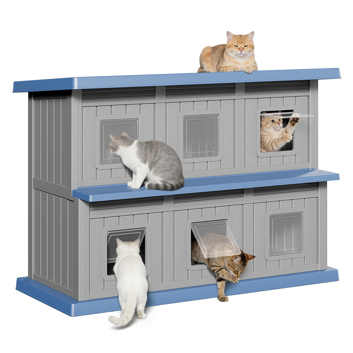 2-Tier Outdoor Cat House, Weatherproof Cat Shelter with 6 Doors & Ventilation, All-Weather Cat Apartment for Stray/Indoor Cats, Perfect for Backyard, Garden, Patio, 2 Colors Available, Grey-Black And Grey-Blue