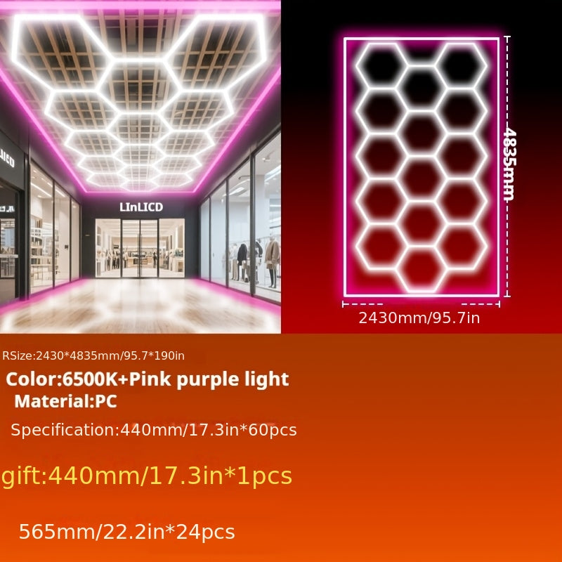 High-brightness LED Garage Light. Hexagonal Honeycomb Garage Light, Barber Shop Ceiling Light, Modern Design, Single Tube 850 Lumens, Framed LED Light Total 58650 Lumens