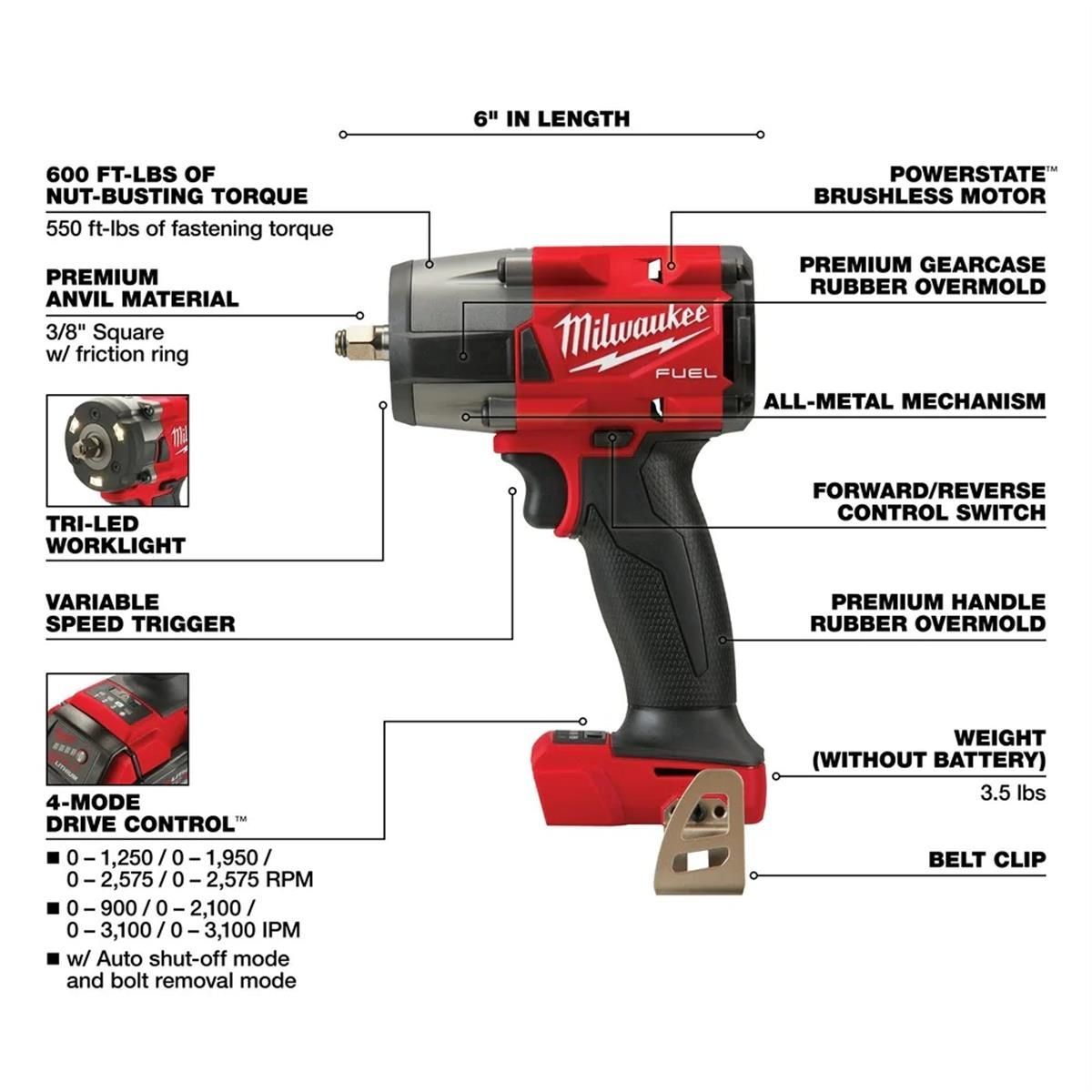 Milwaukee M18 FUEL 2960-20 Mid-Torque Impact Wrench, Tool Only, 18 VDC, 3/8 in Drive, Square Drive