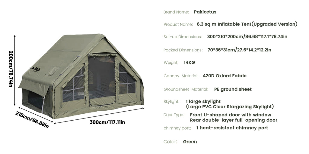 PAKICETUS Quick Setup Inflatable Camping Tent for 4-6 Person Family, Summer Glamping Inflatable House with Breathable Mesh And Quick Air-Flow, Suitable for All Seasons, Outdoor Camping, Hiking, And Backpacking