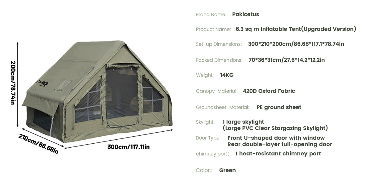 PAKICETUS Quick Setup Inflatable Camping Tent for 4-6 Person Family, Summer Glamping Inflatable House with Breathable Mesh And Quick Air-Flow, Suitable for All Seasons, Outdoor Camping, Hiking, And Backpacking
