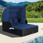 COSTWAY Patio Rattan Daybed Lounge Retractable Top Canopy Side Tables Cushions Gray.