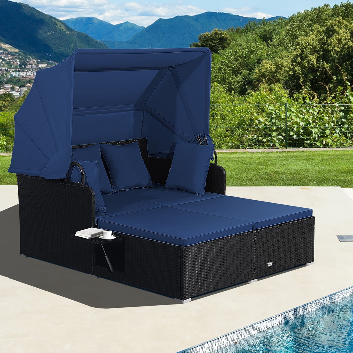 COSTWAY Patio Rattan Daybed Lounge Retractable Top Canopy Side Tables Cushions Gray.