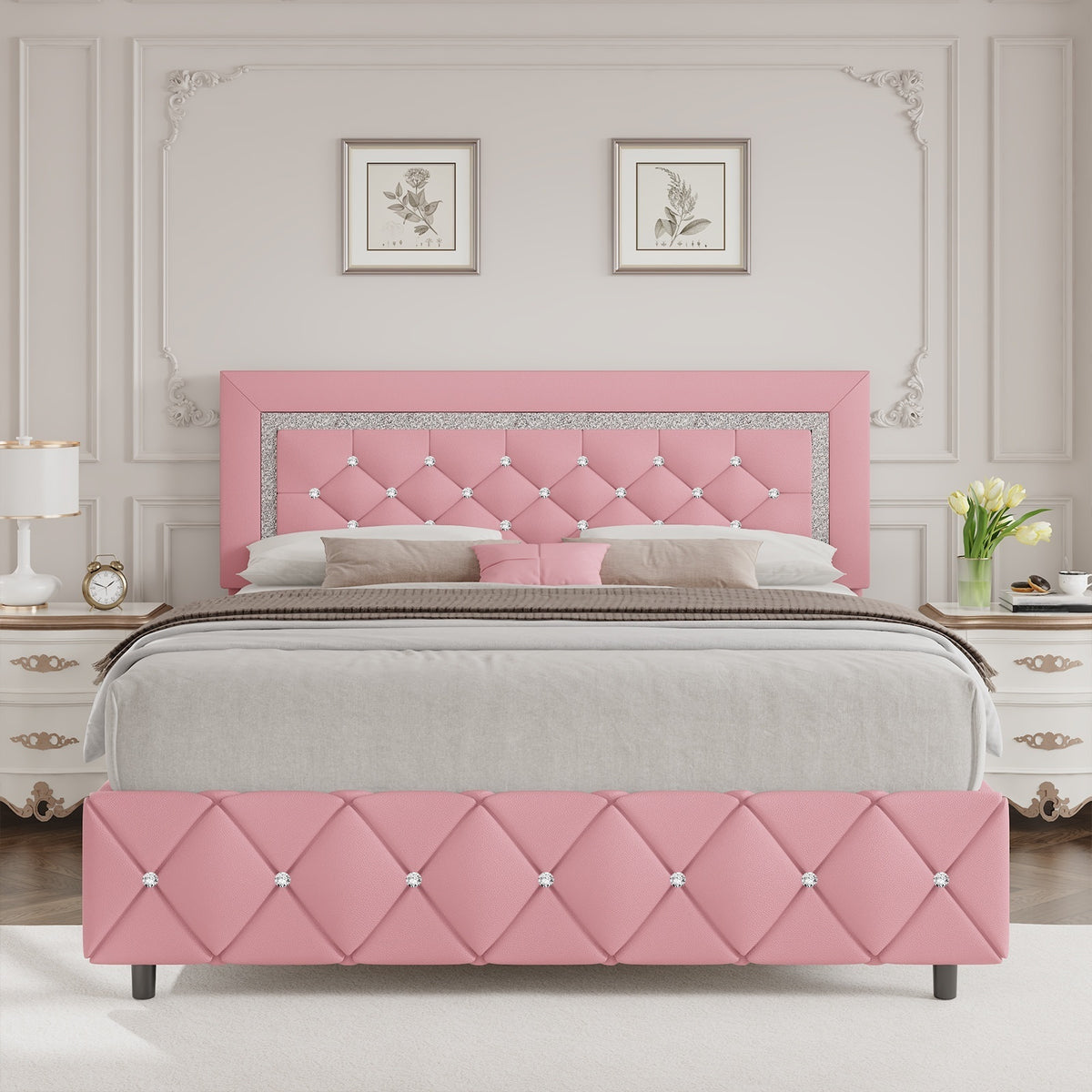 4ever2buy Twin Full Queen King Platform Bed Frame with Upholstered Diamond Headboard, Mattress Foundation with Strong Wooden Slats Support, No Box Spring Needed, Easy Assembly, Valentine's Day Gifts, Pearlized White, Black, Pink, Green, Grey, Beige
