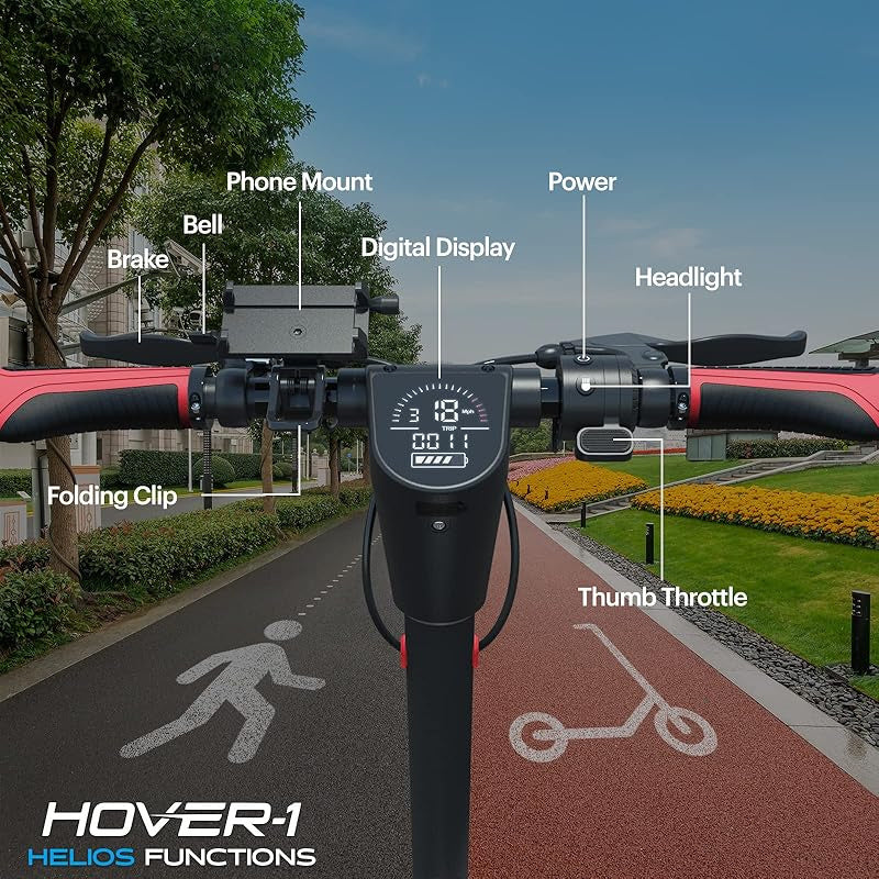 Hover-1 Helios Electric Folding Scooter, 18 MPH Top Speed, 24 Mile Range, 500 Watts Max Power, 10" Pneumatic Tires, Rear Disc Brakes, and Dual Front Suspension