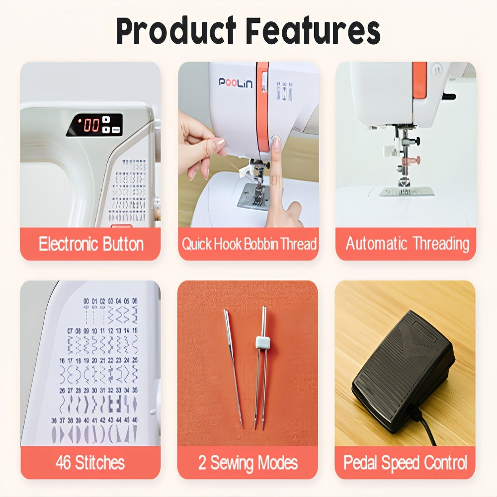 Poolin EOC01-RE Electronic Sewing Machine, Heavy Duty 100 Stitches, 6 Presser Feet, Reverse Stitching Come with Self-Threading And Twin Needles Sewing Supplies Kit Free Service DIY Craft Hobby for Home Business Use Craft Lover Gifts for Wedding