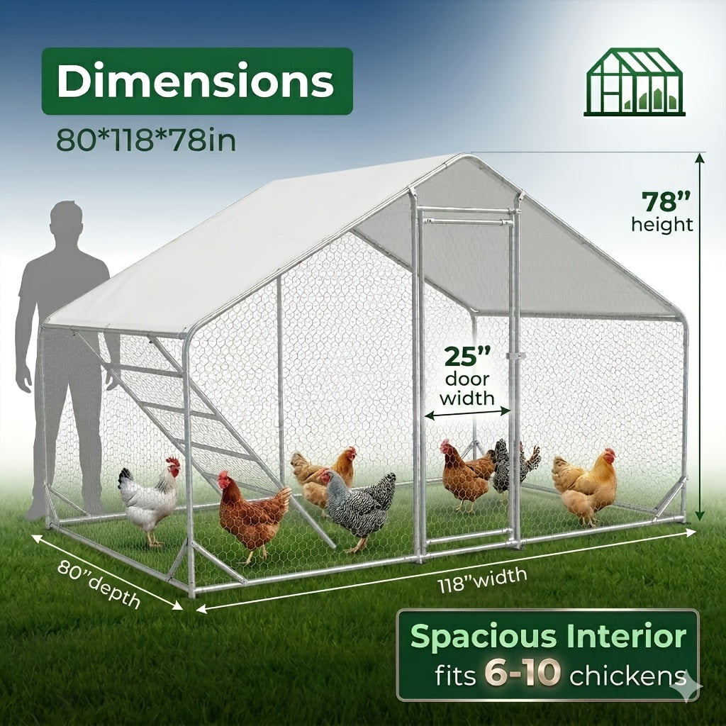Heavy Duty Reinforced Chicken Coop Walk In Chicken Run with Waterproof Cover Large Metal Poultry Cage Outdoor Chicken Pen with Free Chicken Roosting Ladder