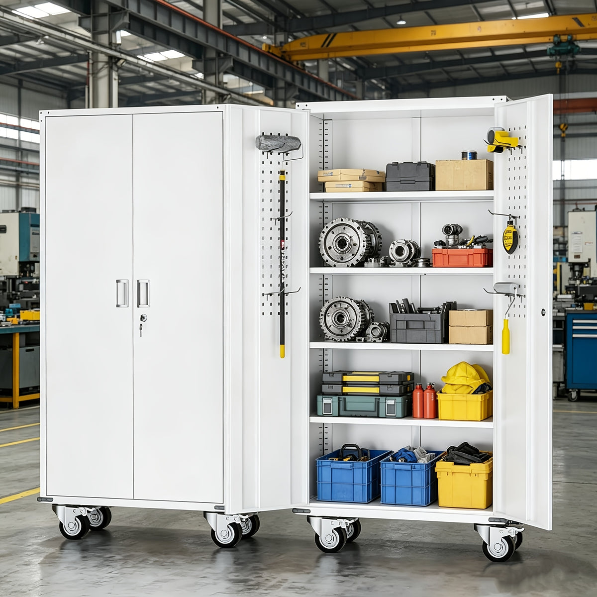 Metal Storage Cabinet with Wheels, Pegboards, Locking Doors And 4 Adjustable Shelves, 71"H/72"H/73"H Tool Cabinet for Garage, Home, Basement, Kitchen