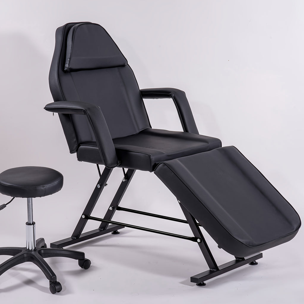 Beauty Bed with Stool Massage Table with Head Cushion 3-Section Adjustable Beauty Bed Professional Tattoo SPA Salon Chair (Black)