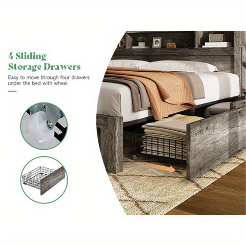 PAPABABE Bed Frame With 49.6 Inch Bookcase Headboard, 4 Drawers And 2 Detachable Storage Racks - Farmhouse Wood Bed Frame With RGB LED Lights And Charging Station, No Box Spring Needed