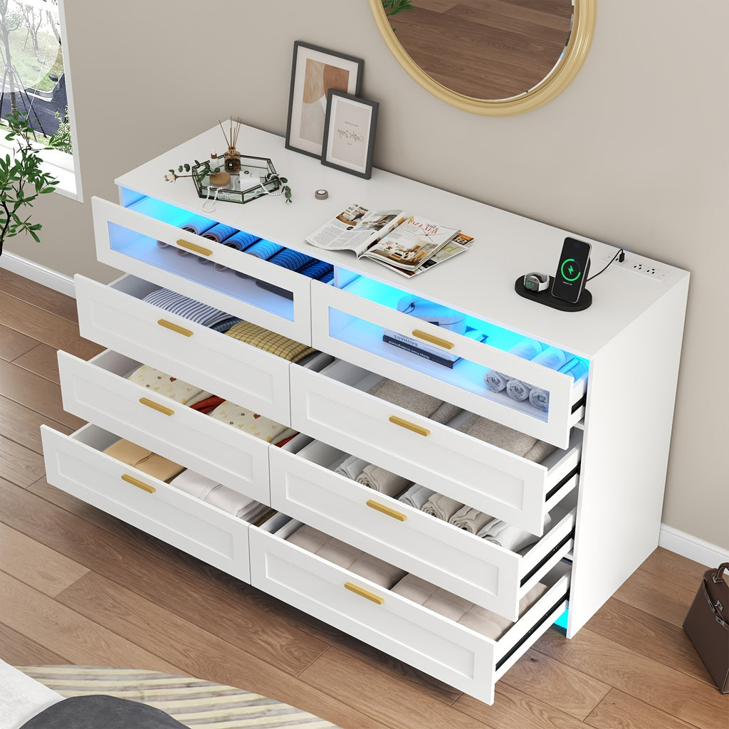 8-Drawer Dresser, Bedroom 8-Tier Drawer Dressing Table, Drawer Storage Cabinet with Power Outlet and LED Lights, Wardrobe Storage and Organization Function, Home Furniture, Living Room Furniture, Storage Drawer Units