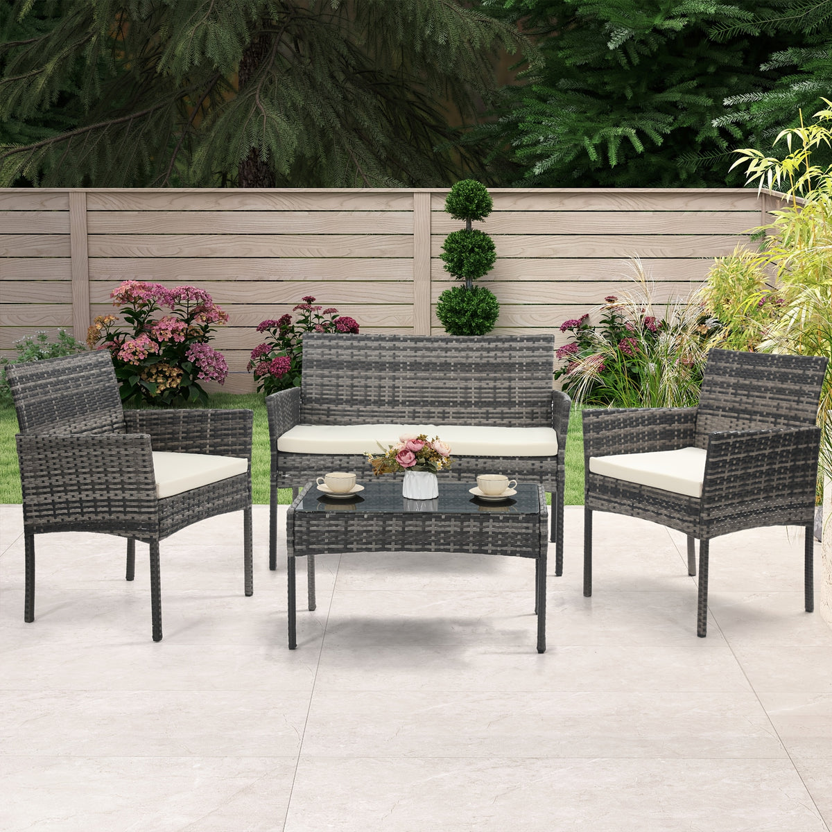 KROFEM 4pcs Wicker Bistro Furniture Set, Includes 2 Chairs with Water Resistant Cushions, Coffee Table, And Comfy Loveseat, Perfect for Any Outdoor Gathering