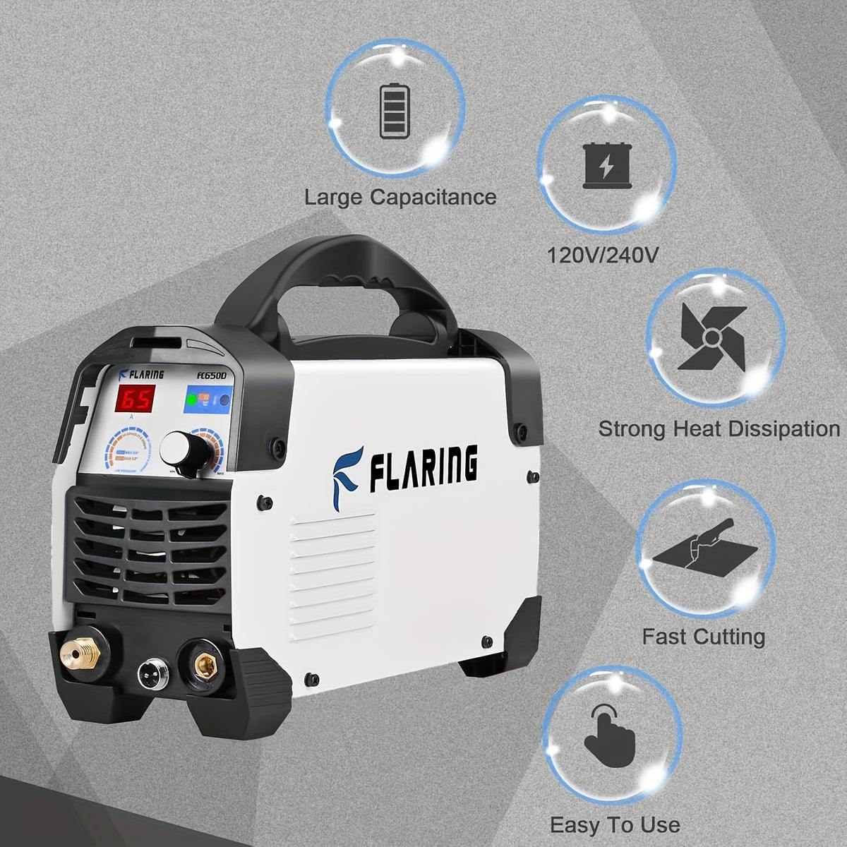 FLARING FC650D Plasma Cutter, 65 Amp Plasma Cutter Machine 120V 240V 2/3" (16mm) Max Cutting 1/2" (12.7mm) Clean Cut IGBT High Frequency Inverter Touch ARC Plasma Cutter with Consumable Set Update 5th