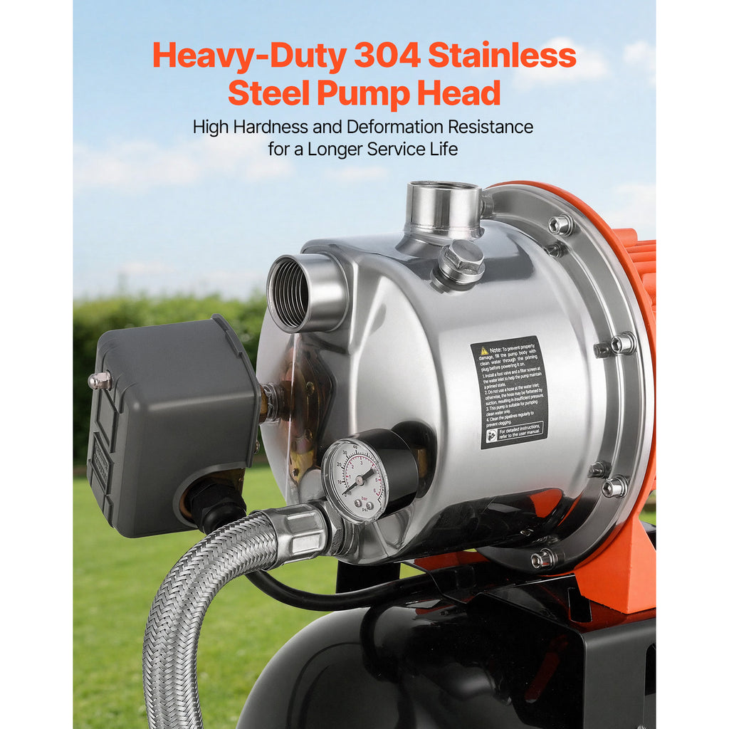 VEVOR 1.6 HP Shallow Well Pump with Pressure Tank, 120V 1320 GPH, Stainless Steel Irrigation Jet Pump with 5-Gal Tank, Automatic Water Booster System, 20/40 PSI Pressure Switch, for Home Garden Lawn