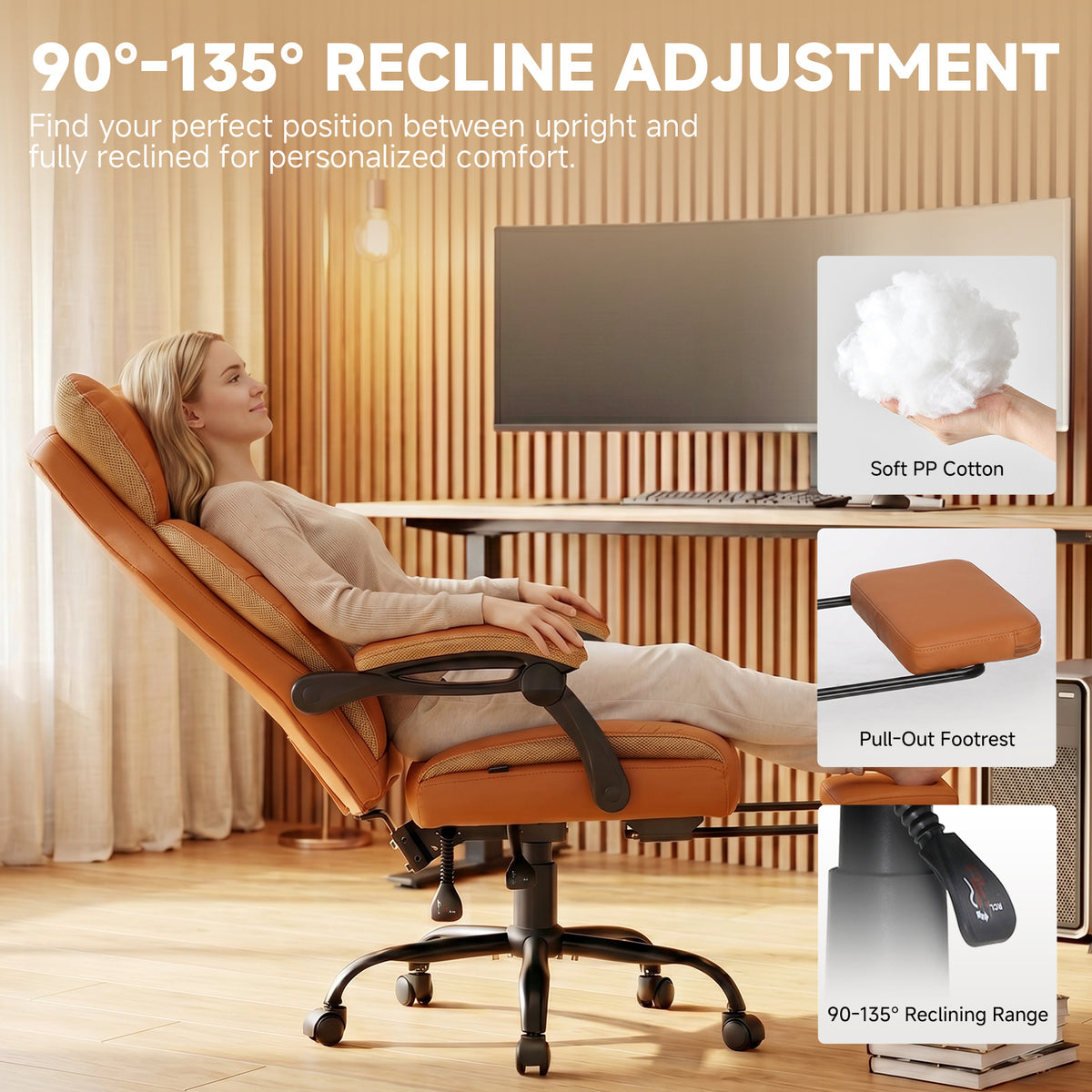 Ergonomic High Back Office Chair with Linkage Widened Armrest, Big&Tall Executive Office Chair, Gaming Chair, Thick Pocket Spring Wide Seated Cushion, Desk Chair with Retractable Footrest for Adults, Faux Leather/Corduroy/Fabric, OC-305