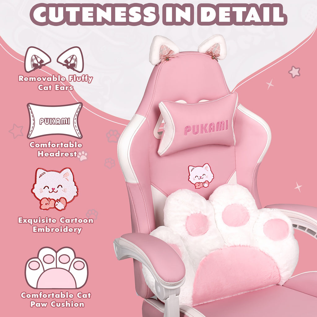 Adorable Pink Gaming Chair Featuring Cat Ears And a Paw-Shaped Lumbar Cushion, Designed Ergonomically For, Complete with a Footrest And Headrest, Providing a Cozy Reclining Experience for Both Adults And Teens