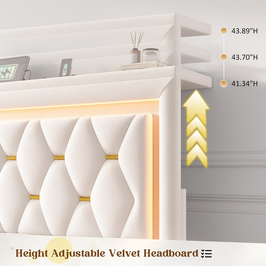 Queen/Full Size Bed Frame With 4 Storage Drawers & Headboard Adjustable, Velvet Platform Bed With LED Lights, Charging Station, Sturdy Wooden Slats Support, No Box Spring Needed, Beige, Grey