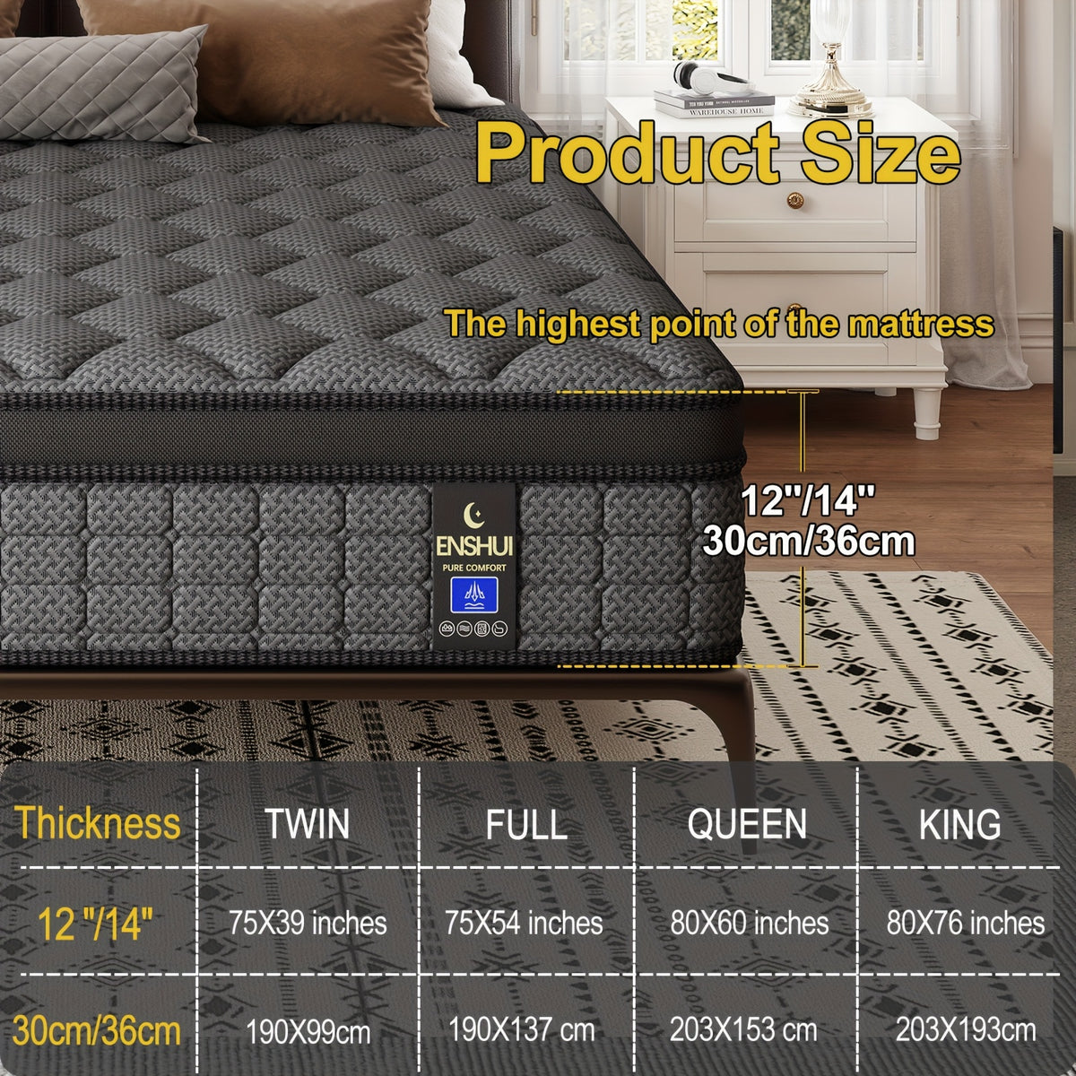 12-Inch/14-Inch Queen Size Mattress, Deep Sleep Memory Foam Hybrid Euro Top Mattress - 7-Zone Design - Ideal Lumbar Support for Ultimate Comfort - Available in Twin, Full, Queen, And King Sizes