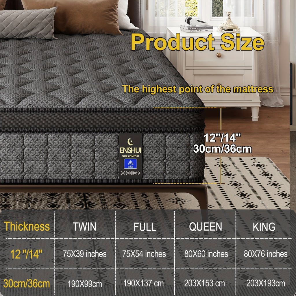 ENSHUI 12 Inch Hybrid Mattress - Twin/Full/Queen/King Size, Cooling & Pressure-Relieving Gel Memory Foam, Hypoallergenic, Medium Top, No Power Needed, White & Blue Mattress in Box, Bedroom Furniture, Sleek Bedroom Decor, Pocketed Coil Construction
