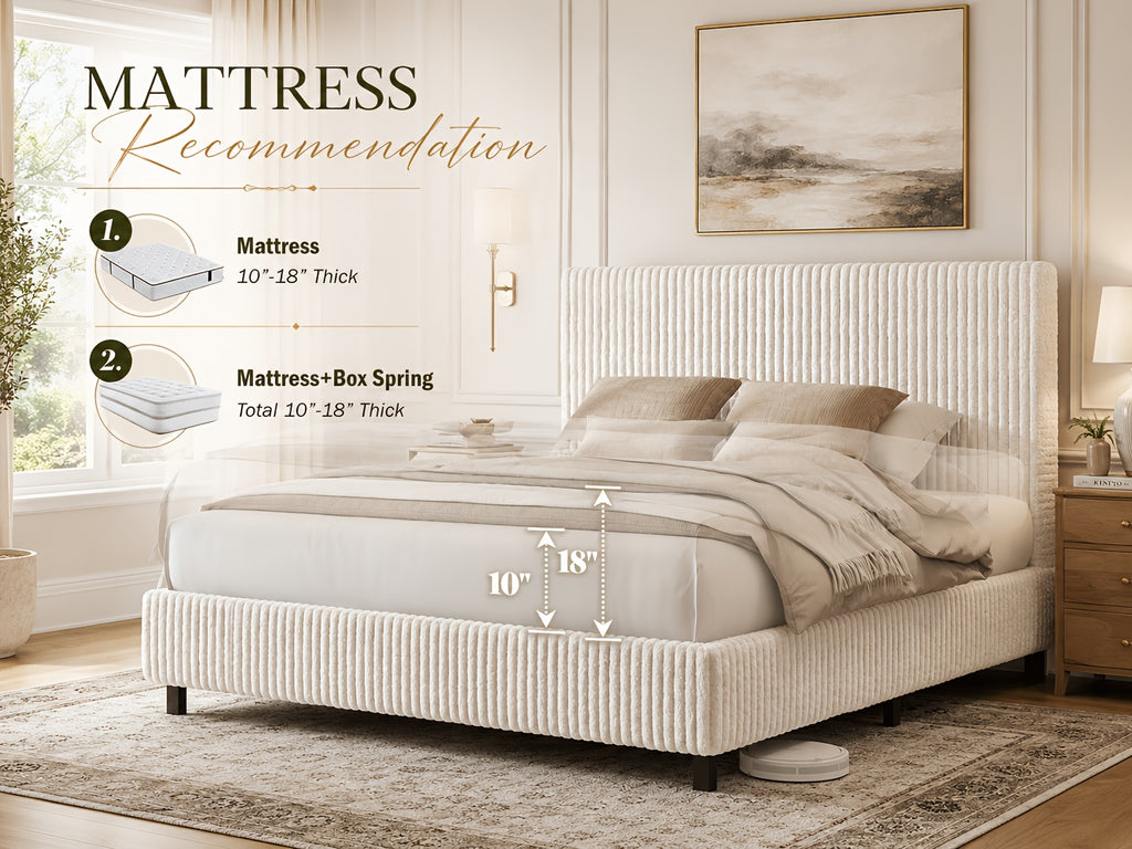 Platform Bed Frame with Upholstered Corduroy Headboard, Fully Padded 3.5" Thick Gap-Free Design, Heavy Duty Metal Slats, No Box Spring Required