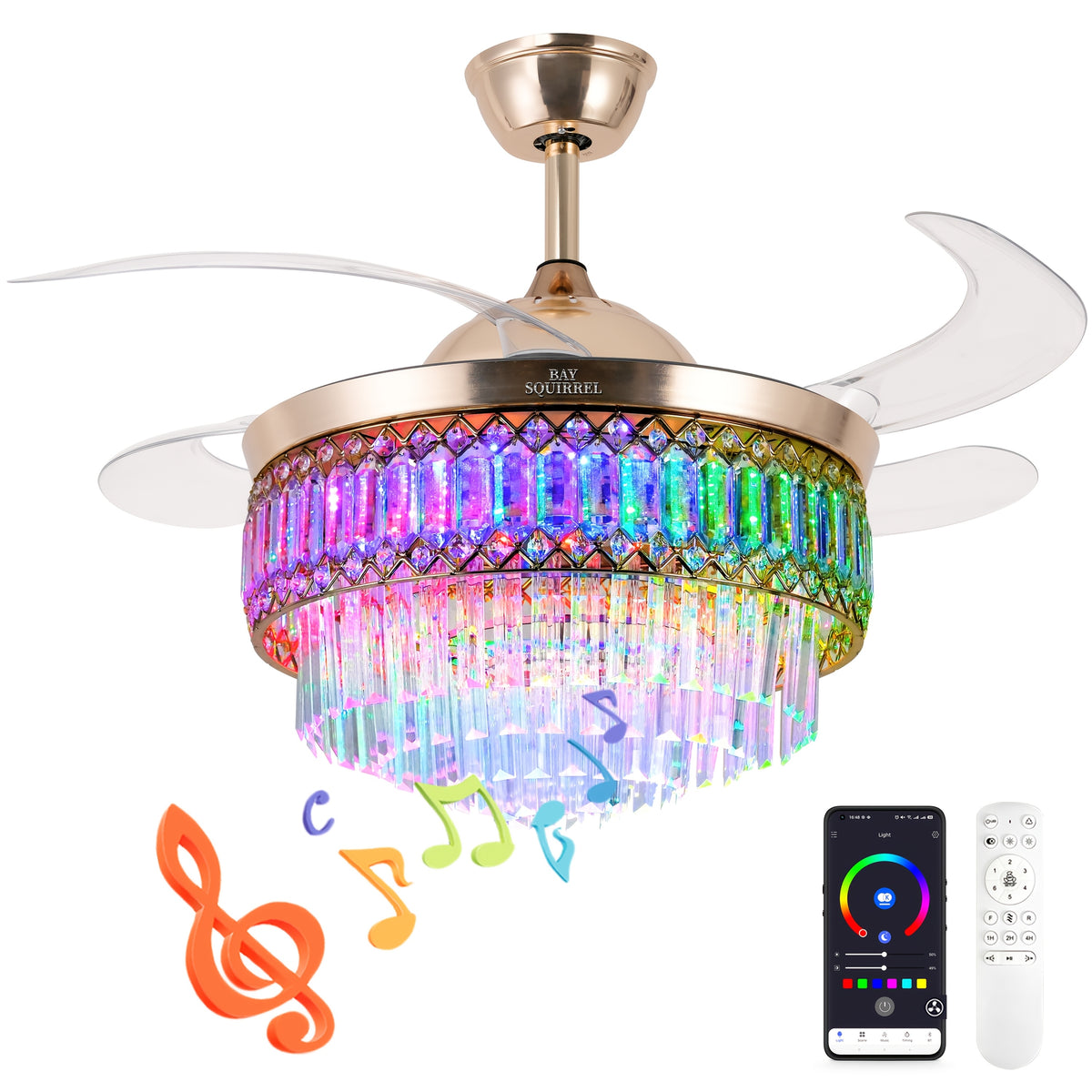[Smart Ceiling Fan Light] 42" Smart Ceiling Fan Light With RGB Color Changing,, 6-Speed Motor & Dimmable Light Suitable For Bedroom, Living Room, Dining Room, Crystal Chandelier, Memory Function, Voltage Compatible (No Included)