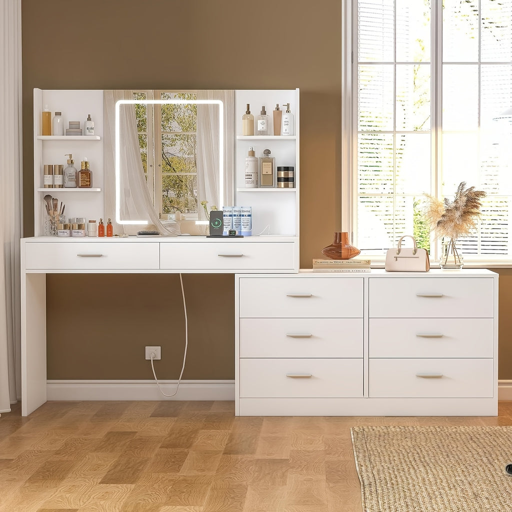 Vanity Desk with LED Lighted Mirror & Power Outlet, Modern Corner Makeup Vanity Table with 8 Drawers & Open Shelves, Dressing Table for Valentine's Day Gift