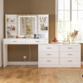 Vanity Desk with LED Lighted Mirror & Power Outlet, Modern Corner Makeup Vanity Table with 8 Drawers & Open Shelves, Dressing Table for Valentine's Day Gift