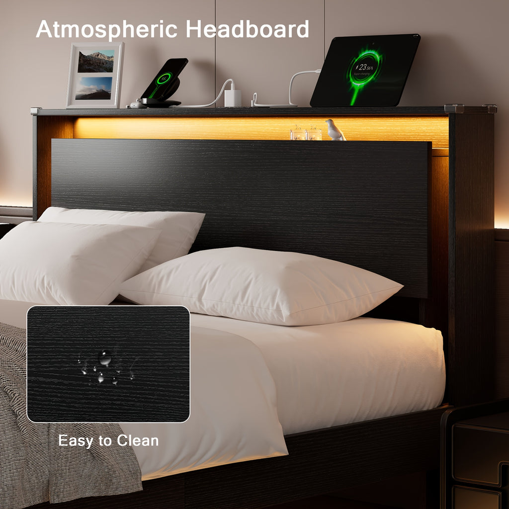 Floating Bed Frame with LED Lights & Charging Station, Heavy Duty Metal Support Frame, Easy Assembly, Bed Frame Without Mattres