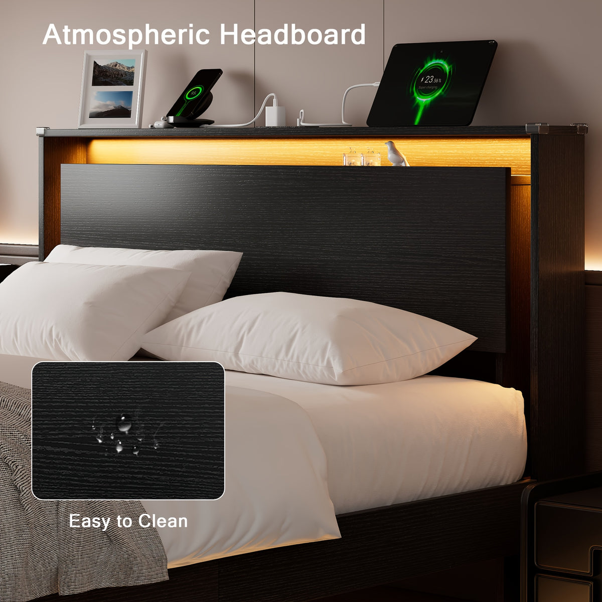 Floating Bed Frame with LED Lights & Charging Station, Heavy Duty Metal Support Frame, Easy Assembly, Bed Frame Without Mattres