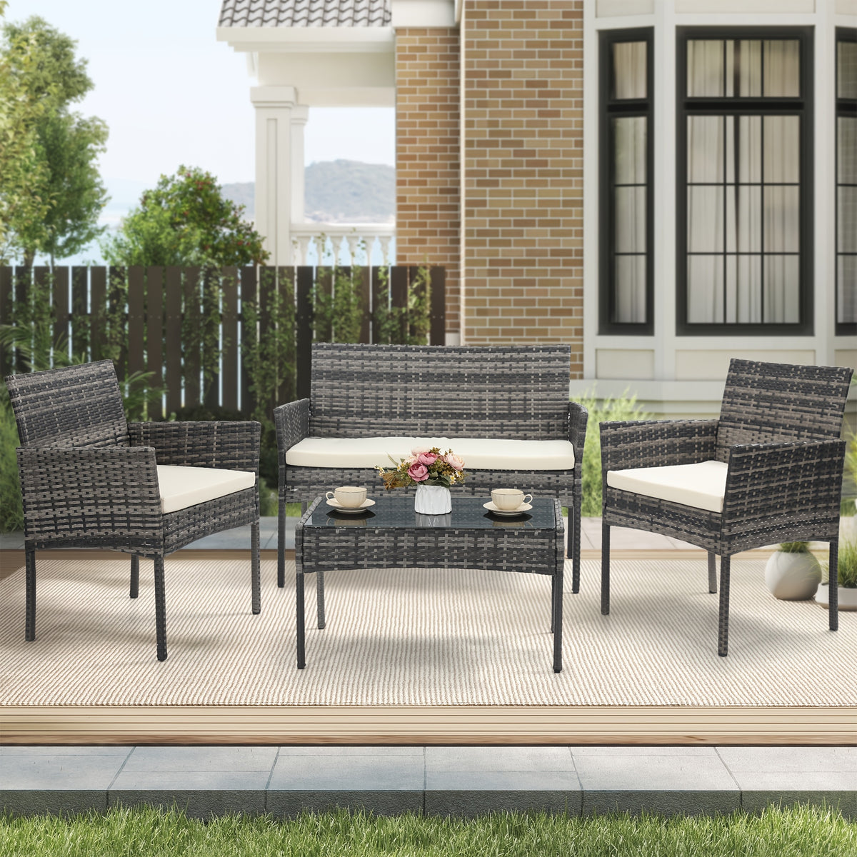 KROFEM 4pcs Bistro Conversation Rattan Furniture Set, Designed for Casual Worry Free Outdoor Living, Premium Quality Sofa, 2 Chairs And Sofa Loveseat with Cushions Plus Glass Top Coffee Table, for Patio, Porch, Or Balcony