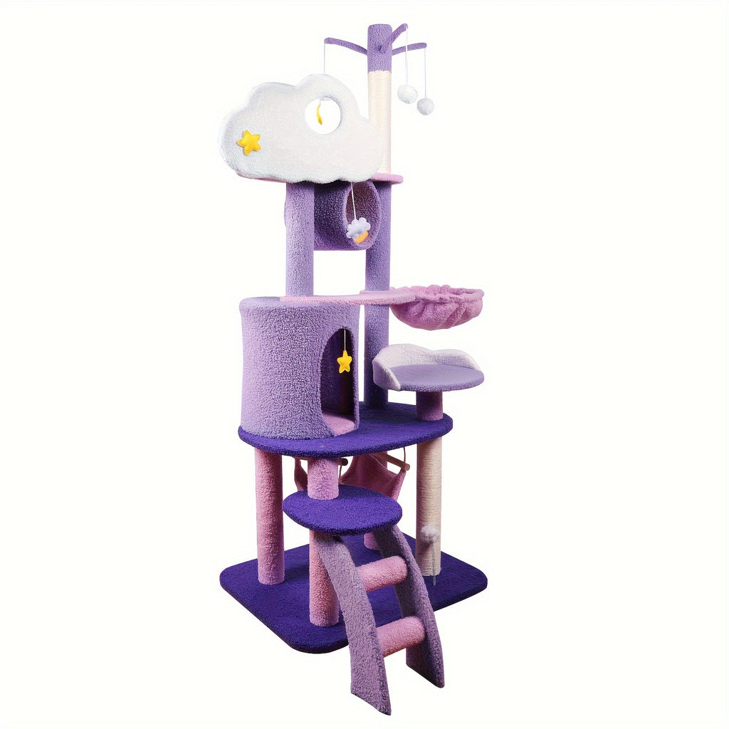 65in Cat Tree Cute for Indoor Cats Pink Moon Cat Tree Tower with Scratching Post, Hammock And Condo Large Tall Cat Tree for Kittens Cats