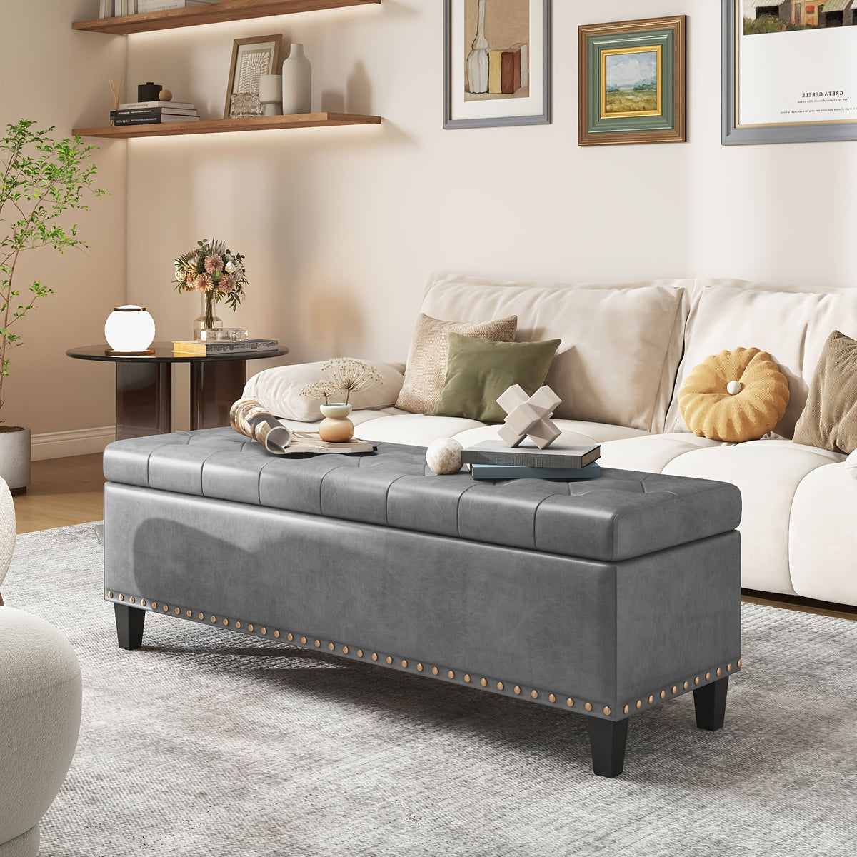 51-Inch Storage Ottoman Bench, Upholstered End of Bed Ottoman Bench with Storage and Seating, Large Faux Leather Bench for Foot Rest in Bedroom, Living Room, Entryway, Hallway