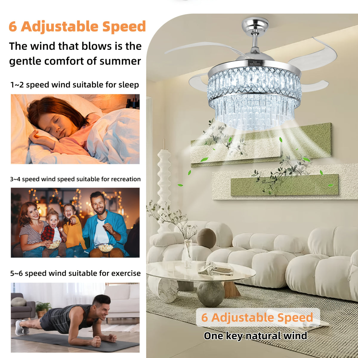 [Smart Ceiling Fan Light] 42" Smart Ceiling Fan Light With RGB Color Changing,, 6-Speed Motor & Dimmable Light Suitable For Bedroom, Living Room, Dining Room, Crystal Chandelier, Memory Function, Voltage Compatible (No Included)