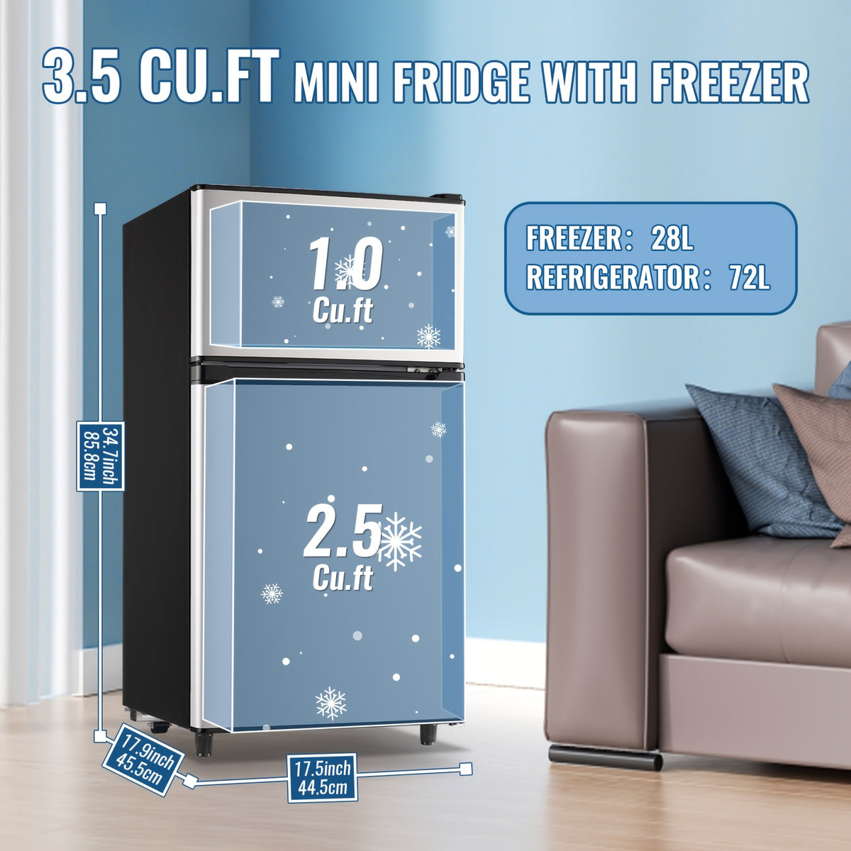 5.0/3.5/2.5 Cu.ft Small Fridge with Freezer 2-Door Compact Refrigerator 7-Level Adjustable Thermostat, Removable Shelves and Bakset, Perfect for Dorm, Office, RV, Bedroom, Silvery