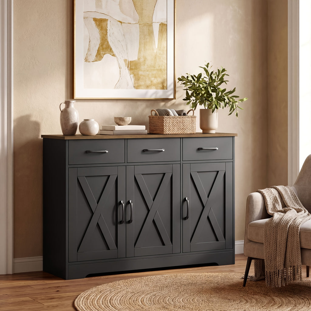 FULTRU Modern Farmhouse Cabinet with Barn Door & Sliding Panel Doors Suitable for Kitchen, Dining Room Storage, Freestanding Buffet Furniture with Drawers and Open Shelves, Assembly Required, Multifunctional Sideboard