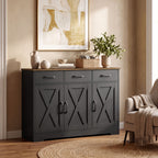 FULTRU Modern Farmhouse Cabinet with Barn Door & Sliding Panel Doors Suitable for Kitchen, Dining Room Storage, Freestanding Buffet Furniture with Drawers and Open Shelves, Assembly Required, Multifunctional Sideboard