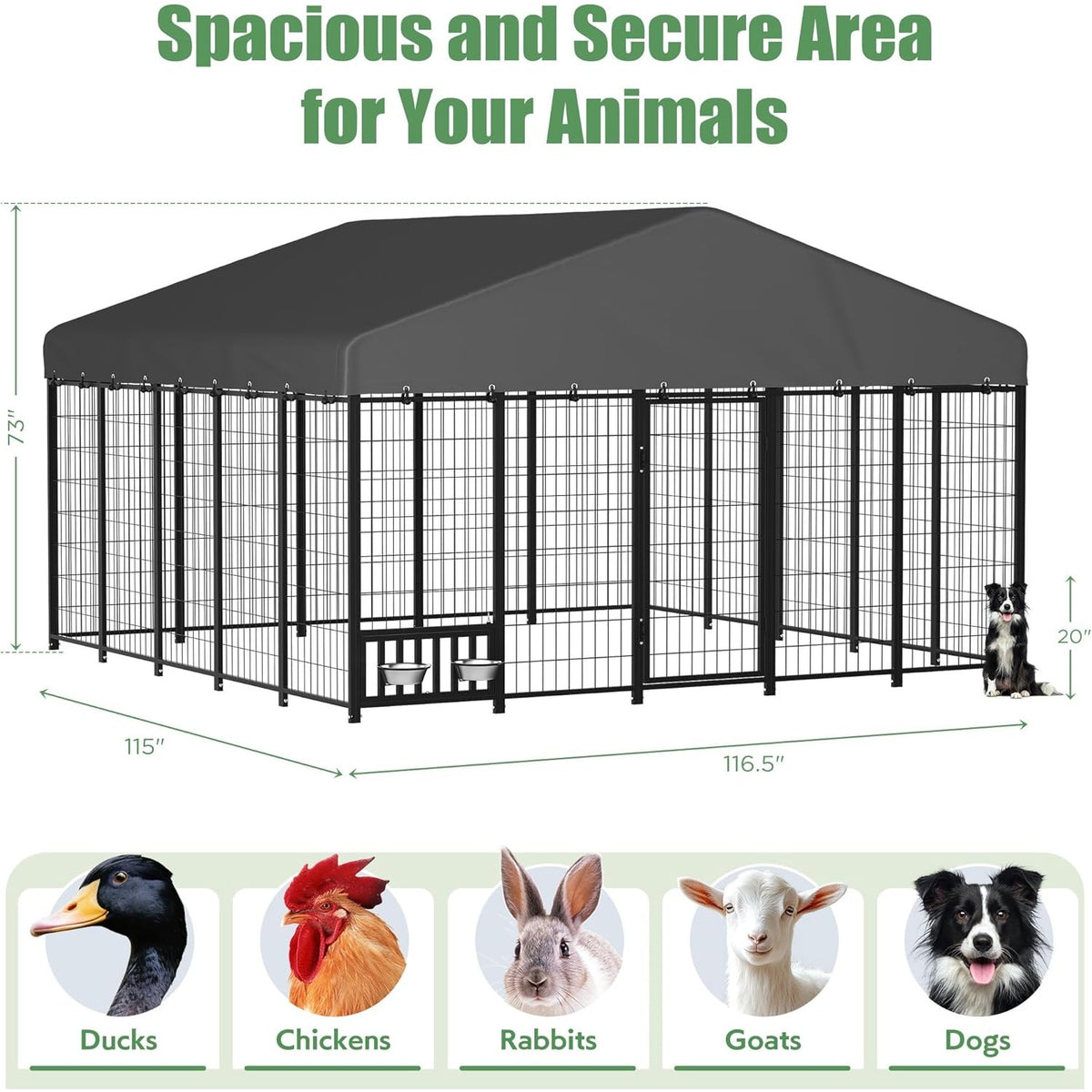 Heavy Duty Outdoor Dog Kennel for Yard, 10x10 Large Chain Link Fence with Roof, Dog Run Enclosure with Self-Locking Latch & Feeding Bowl