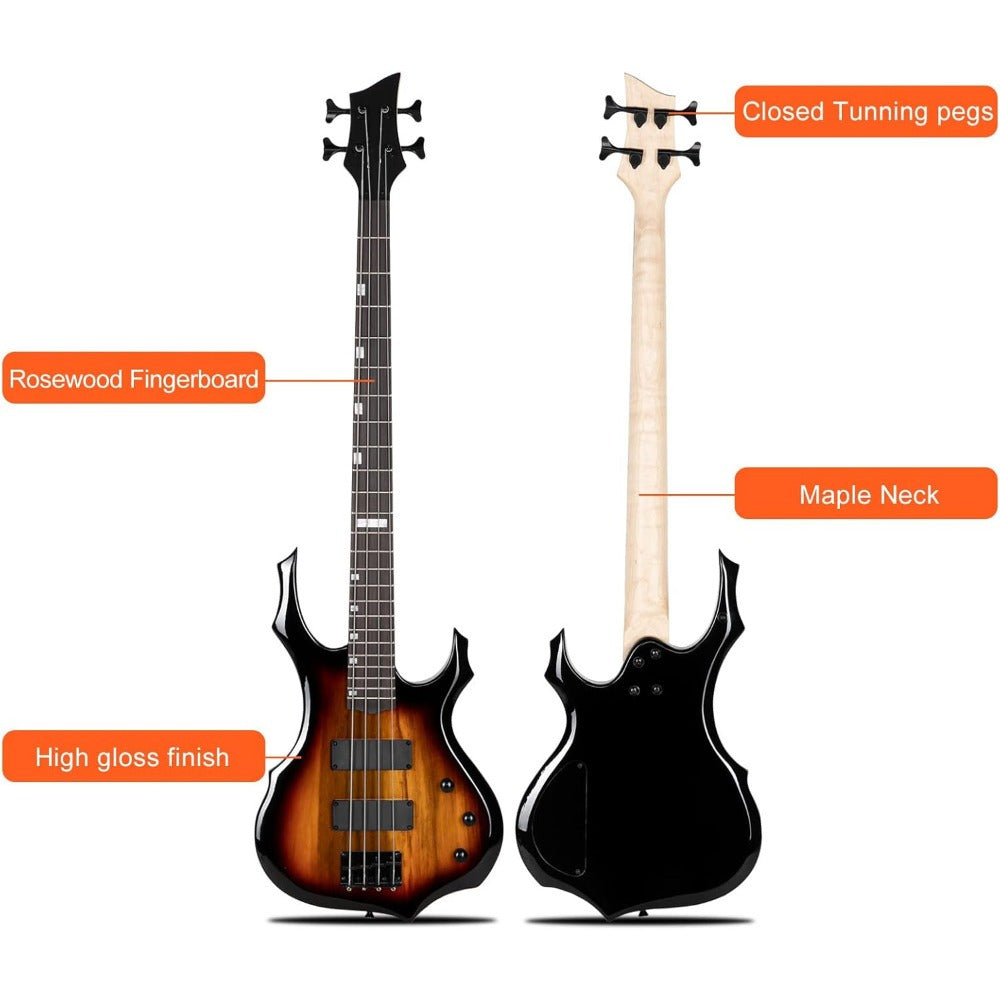 [Bass Guitar Set] Electric Bass Guitar Full Size Flame Design Bass Set with 20 Watt Amplifier, Portable Bass Bag, Superior Amp Wire, Adjustable Guitar Strap, Plectrum, Wrench Tool