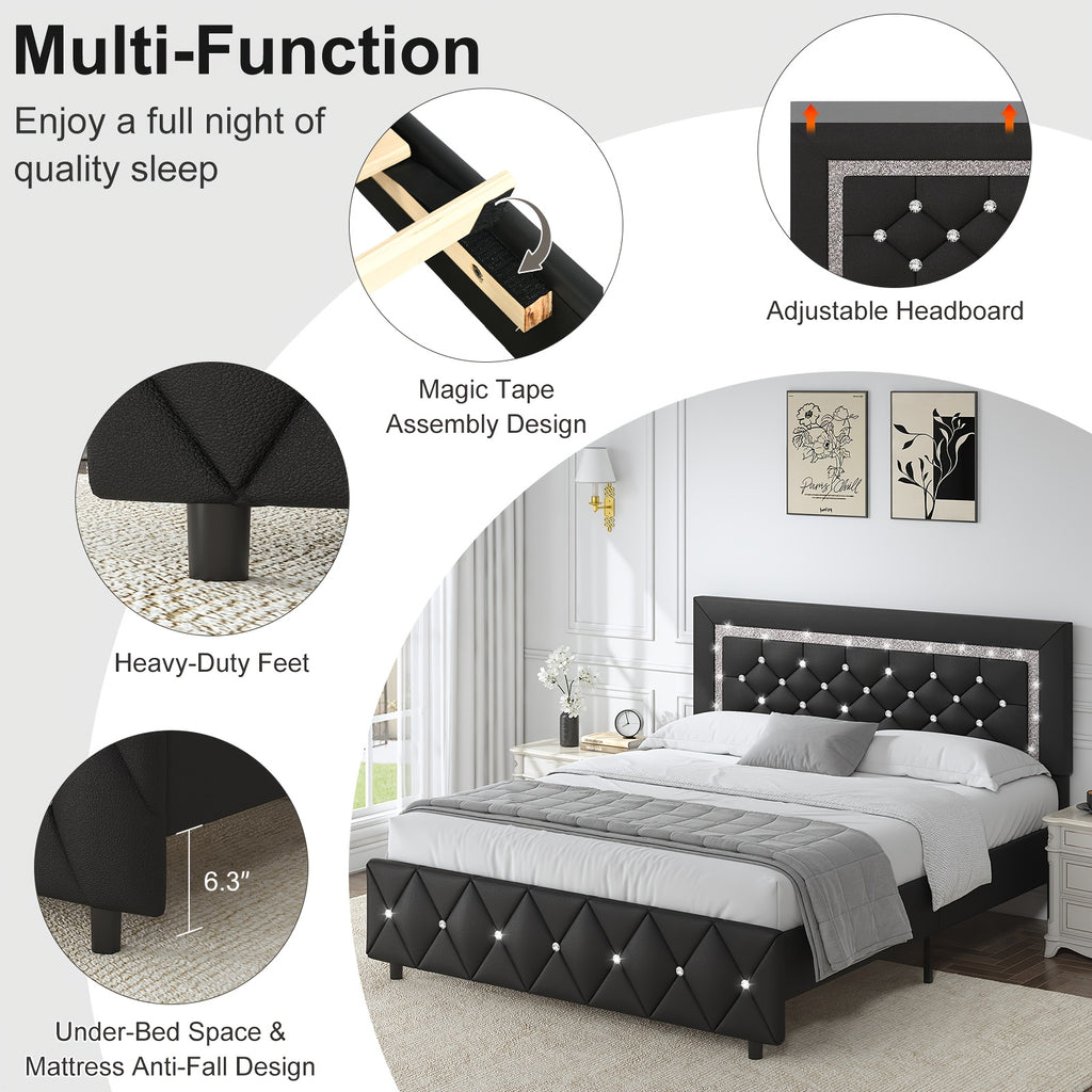 Halloween Twin Full Queen King Upholstered Bed Frame, Diamond Tufted Headboard, Faux Leather Bed Frame With Headboard & Footboard, Wooden Slats Support, No Box Spring Needed, Easy Assembly, Black/White/Pink/Green Christmas