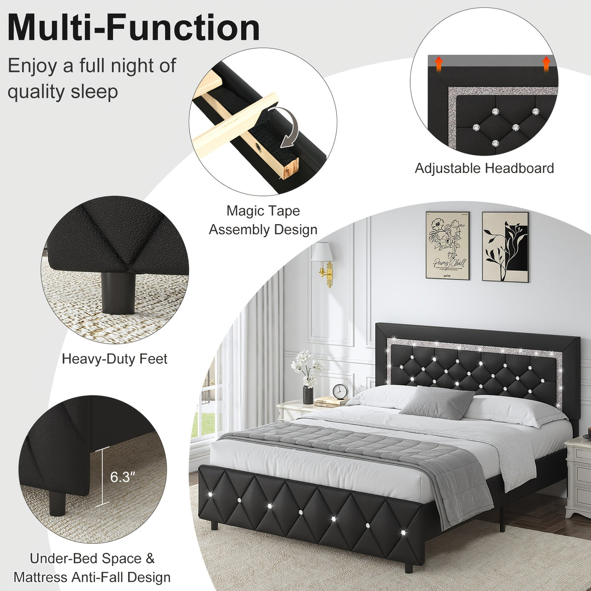 Halloween Twin Full Queen King Upholstered Bed Frame, Diamond Tufted Headboard, Faux Leather Bed Frame With Headboard & Footboard, Wooden Slats Support, No Box Spring Needed, Easy Assembly, Black/White/Pink/Green Christmas