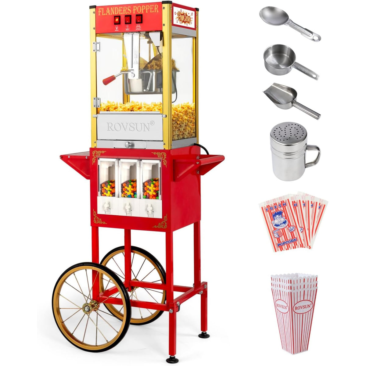 MEFEIR Popcorn Machine w/Cart, Wheels & 8 Oz Kettle Makes Up to 32 Cups ETL Certified, Popcorn Maker w/Candy Dispensers Stainless Steel Scoop, Oil Spoon & 3 Popcorn Cups for Commercial Home Theater