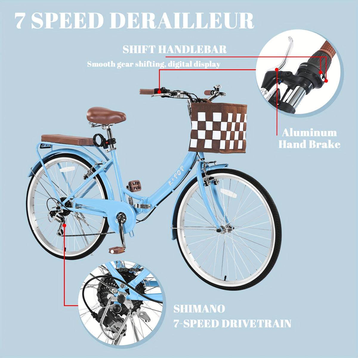 26" Foldable Beach Bike with Basket for Women - Lightweight 7-Speed Urban Commuter Bicycle, Adjustable Waterproof Seat, Detachable Rear Soft Saddle, Aluminum Alloy Wheels, Multiple Colors (Blue, Pink, Green, White), Easy Storage Bike | Checkered Board Bas