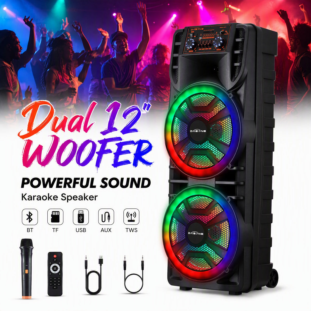 Portable Dual 12'' Bluetooth Party Speaker with Microphone, 8000W Peak Loud Karaoke Speaker System, Rechargeable Wireless Speaker with TWS, USB/TF/AUX, Remote Control for Home Party, Outdoor Events, Karaoke, DJ Music