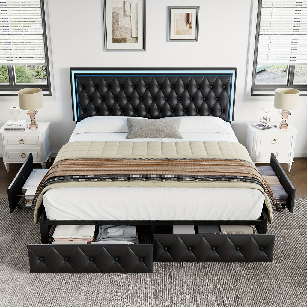 Full/Queen/King Size Modern Bed Frame with LED Headboard & 4 Storage Drawers - Upholstered Platform Bed, Button Tufted Headboard Suitable for Beige/White/Black - Assembly, No Box Spring Needed, Wood-Free