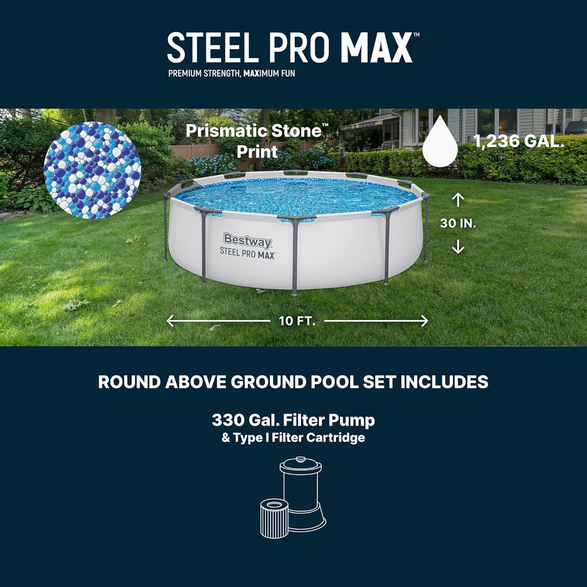 Bestway Steel Pro MAX 10 Foot x 30 Inch Round Metal Frame Above Ground Outdoor Backyard Swimming Pool Set with 330 GPH Filter Pump