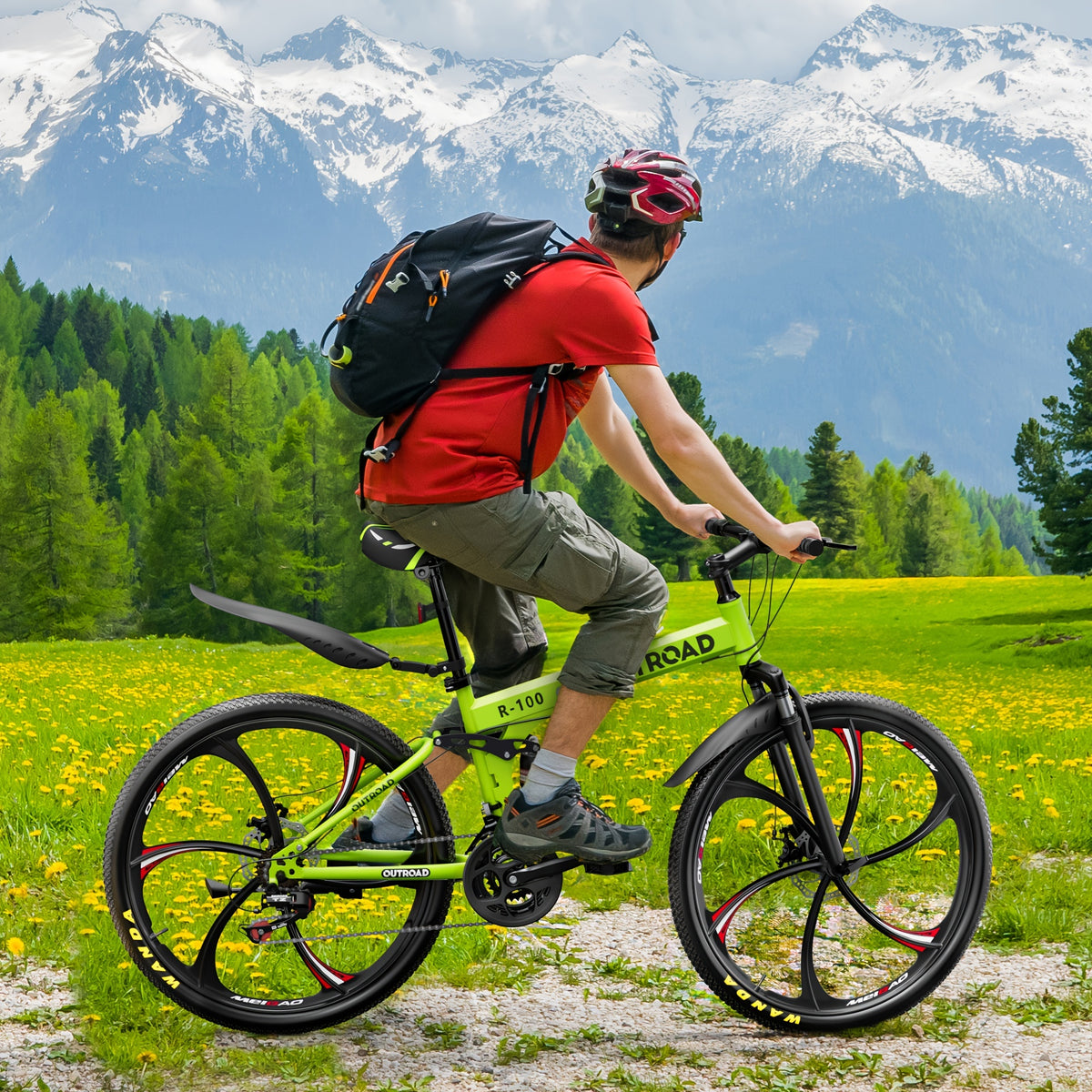 26 Inch Adult Folding Bikes/Mountain Bikes, 21 Speeds Mountain Bicycles With Full Suspension, Dual Disc Brake, High Carbon Steel Frame, Foldable Bike For Men/Women/Teen (Green&Black)
