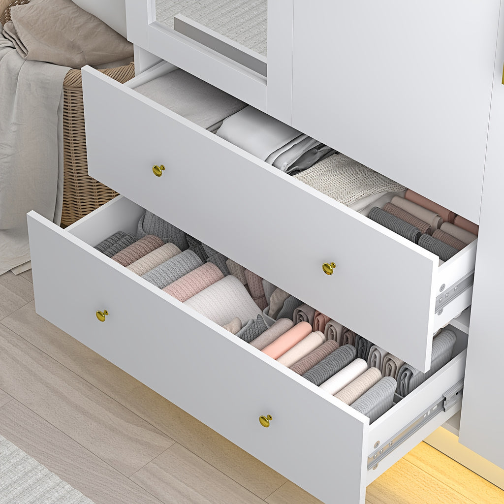3 Doors Armoire Wardrobe Closet with Mirror, LED Armoire with Doors And Drawers, Wooden Armoire Storage Cabinet with Hanging Rod, Adjustable Shelves